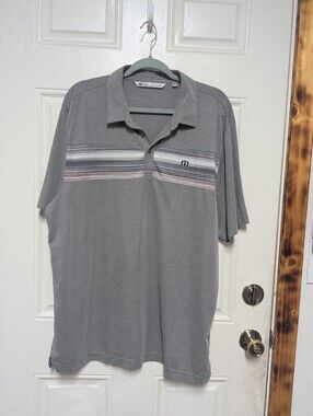 Travis Mathew Men XL Navy Gray Striped Polo Shirt. Golf Outdoor Preppy Casual